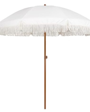 AMMSUN 7ft Patio Umbrella with Fringe Outdoor Tassel Umbrella UPF50+ Premium Steel Pole and Ribs Push Button Tilt, Cream White