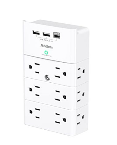 Multi Plug Outlet - Addtam Surge Protector Wall Mount with 12 Outlet Extender- 3 Sides and 3 USB Ports (1 USB-C), Outlet Splitter Power Strip for Home, Office, Hotel, White
