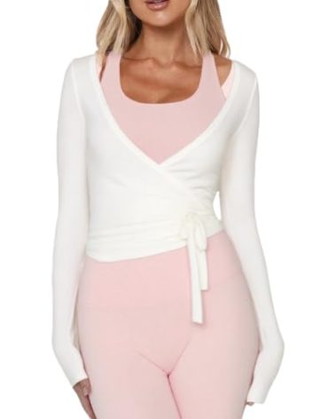 Women Ballet Wrap Top Long Sleeve Self Tie Dance Shirt Pilates Yoga Tops Y2k Workout Active Blouses (US, Alpha, Small, Regular, Regular, White)