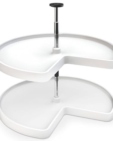Rev-A-Shelf 2 Tier Kidney Cut Lazy Susan for Corner Base Cabinets, Plastic, 28" Double Shelf Swivel Kitchen Spice/Can Organizer, White, 3472-28-11-52