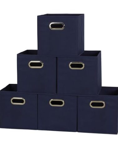 Household Essentials Foldable Fabric Storage Cubes 6-Pack – 11x11x11 Stackable Non-Woven Bins with Chipboard Sides & Grommet Handles – Closet, Shelf, Nursery, or Office Organizer – Navy