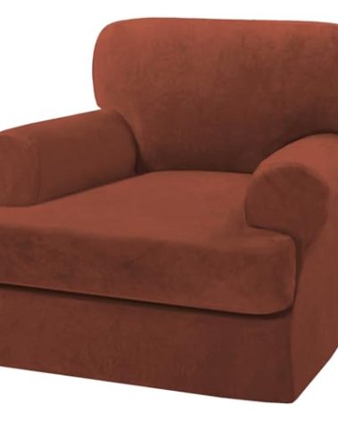 H.VERSAILTEX Sofa Cover 2 Piece T Cushion Armchair Slipcovers Thick Velvet Couch Cover Stretch T Cushion Sofa Covers for 1 Cushion Couch with 1 Individual T Cushion Covers Washable, Rust