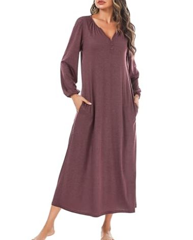Marvmys Womens Long Sleeve Long Nightgown Sleepwear Cotton Winter V Neck Sleepshirt Wine Red M