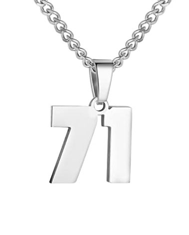 Susook Number Necklace for Men Silver Athletes Number Chain Stainless Steel Charm Pendant Personalized Sports Jewelry for Men Basketball Baseball Football(71)