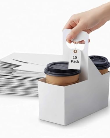 Brillantreal Kraft Paperboard 2-Cup Drink Carrier with Handle, 12-32 oz Coffee Cup Holder, Takeout Beverage Delivery, 15-Pack(Without Cups)