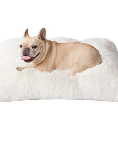 EHEYCIGA Fluffy Dog Crate Bed for Medium Dogs, Plush Faux Fur Crate Pad, Calming Anti Anxiety Medium Dog Bed, Washable Soft Warm Mat with Non-Slip Bottom, Beige