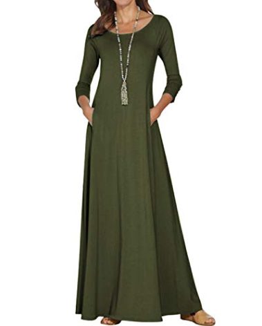 Jacansi Womens Cotton 3/4 Sleeve Casual Spring Maxi Dress with Pockets Plus Size (01-Green, Medium)