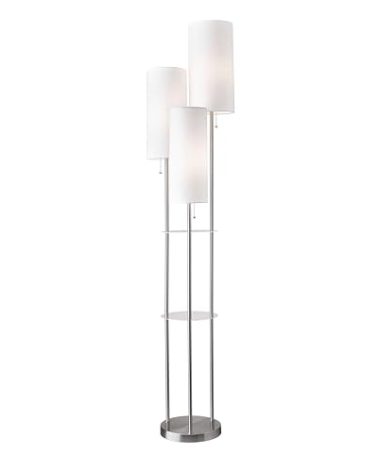 Adesso Trio Floor Lamp with Three Pull Chain Lights and Two-Tier Storage, Brushed Steel Base, White Linen Shades, 68” Tall, Enhances Room Decor and Lighting