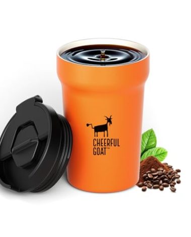 CHEERFUL GOAT Insulated Coffee Mug – Stainless Steel Travel Coffee Tumbler with Ceramic Liner, 12oz Coffee Cup for Hot and Cold Water Coffee at Home, Office, or On the Go (orange)