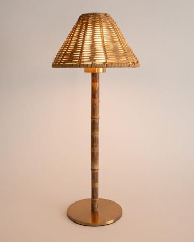 LUXELYKOS Bamboo Cordless LED Table Lamp – Rechargeable 24-Hour Battery, Dimmable Warm Light, 15" Portable Wireless Lamp with Remote for Indoor/Outdoor Use, Home, Patio, Restaurant – Natural Rattan