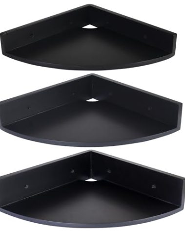 Demigo Corner Shelf Wall Mount Set of 3, Solid Acacia Wood Round Floating Corner Shelves for Storage and Display, Hanging Wood Shelves for Bedroom, Kitchen, Living Room, Bathroom (Black)