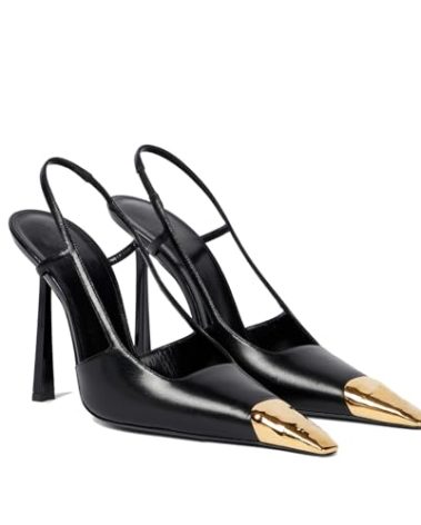 THESHY Womens Slingback High Heels Metal Pointed Toe Leather High Stiletto Heel Pumps Slip on Elastic Strap Fashion Dress Shoes for Women Black