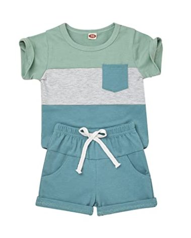 KAFIREN Toddler Boy Clothes 3T Little Boys Clothes Summer Outfits Short Sleeve Patchwork Top T-shirt Pocket Pants Light Green Boy Set 3-4T/100cm