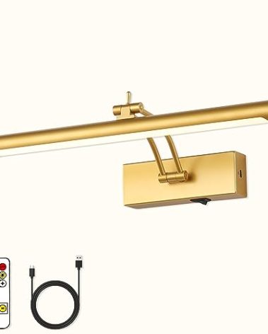 7Degobii Battery Operated Picture Light with Remote - Wireless Gallery Lights, Gold 15.75in Rechargeable Display Light with Flexible Swing Arm, Dimmable Wall Sconce for Artwork on Wall