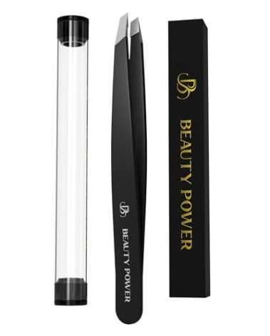 Beauty Power Professional Ultra-Precision Slant Tweezers for Women Facial Hair - German Stainless Steel, Tweezers for Men & Women, Black Eyebrow Tweezer for Ingrown Hair - Black