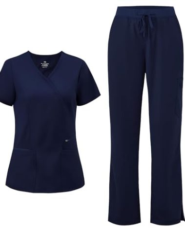 COZYFIT Scrubs for Women - Mock Wrap Top & Straight Leg Pants with 6 Pockets, Back Princess Seams, Soft Fabric Medical Scrubs Set Workwear for Women, Navy Blue, S