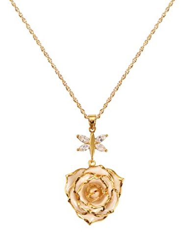 AliveRose Rose Pendant Necklaces Gifts for Women, 24K Gold Dipped Real Rose Dangle Necklace Jewelry - Ideal Gift for Her Wife Mom Anniversaries, Valentines, Birthday (Crystal Ivory)