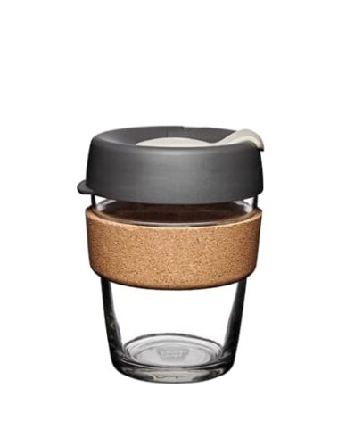 KeepCup Brew Cork, Reusable Glass Tumbler with Natural Cork, Tall Coffee Cup 12oz/340ml - Press