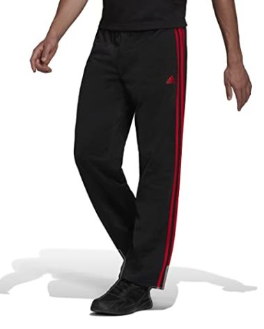 adidas Men's Essentials Warm-up Open Hem 3-stripes Tracksuit Bottoms, Black/Scarlet, X-Large/31" Inseam