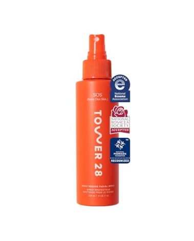 Tower 28 SOS Daily Rescue Facial Spray for Sensitive Skin, Hypochlorous Acid Spray Helps Reduce Redness and Breakouts, Full Size Toner for Face, 4 FL Oz