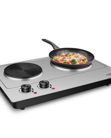 CUSIMAX 1800W Double Hot Plate, Stainless Steel Silver Countertop Burner Portable Electric Double Burners Electric Cast Iron Hot Plates Cooktop, Easy to Clean, Upgraded Version C180N