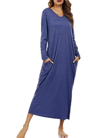 Marvmys Long Sleeves Nightshirts for Women Winter Cotton Long Sleep Shirts V Neck Night Gown for Ladies Sleepwear Dark Blue