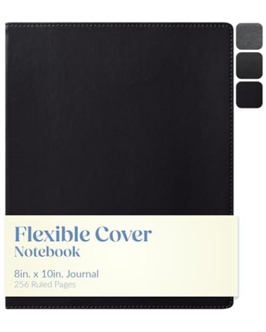 WORLD TRAVELER Eccolo Large Simply Black Lined Journal Notebook, Flexible Faux Leather Cover, Notebook With Lined Ivory Pages, Lay Flat, Ribbon Bookmark, Size 8X10, Black 8X10