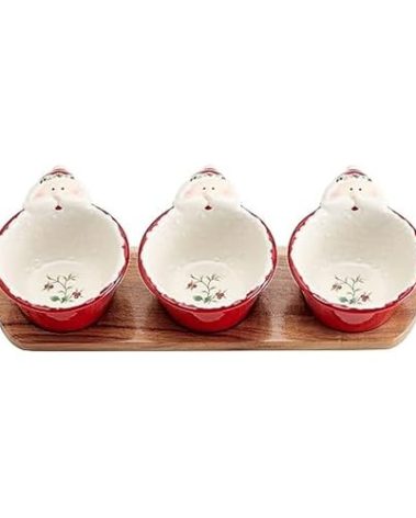 Pfaltzgraff Winterberry Santa Dip Bowls with Wood Base, Set Of 3