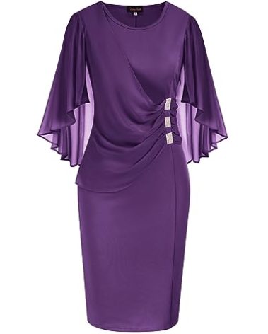 Hanna Nikole Chiffon Popover Dress with Rhinestone Knee Length Poncho Sheath Dress for Cocktail Party Medium Purple