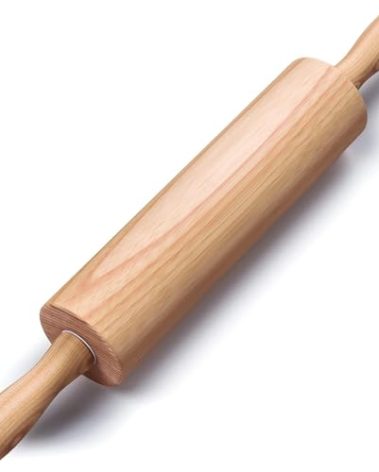 Wooden Rolling Pin 17.6 Inch with Rotating Ergonomic Handles – Classic Beech Wood Dough Roller for Baking Pizza, Pastry, Bread, and Cookies