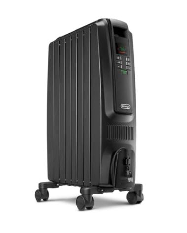 DeLonghi Dragon Digital Oil Filled Radiator Heater, 1500W Electric Space Heater for indoor use, programmable timer, Energy Saving, full room heater with safety features TRD40615EBK, 16"x10"x26", Black