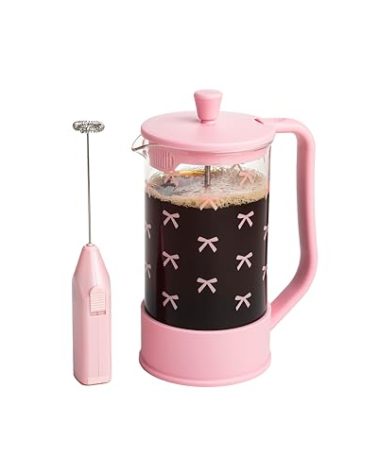 Paris Hilton Bow Design French Press and Frother Coffee Gift Set, Includes a 8-Cup Coffee Press and Battery Operated Handheld Milk Frother, 2-Piece Set, Pink
