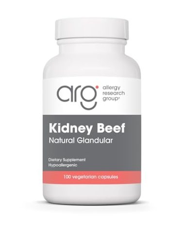 Allergy Research Group Kidney Beef Supplement - Natural Glandular, Freeze-Dried, Bovine, Lyophilized, Beef Organ, Vegetarian Capsules - 100 Count