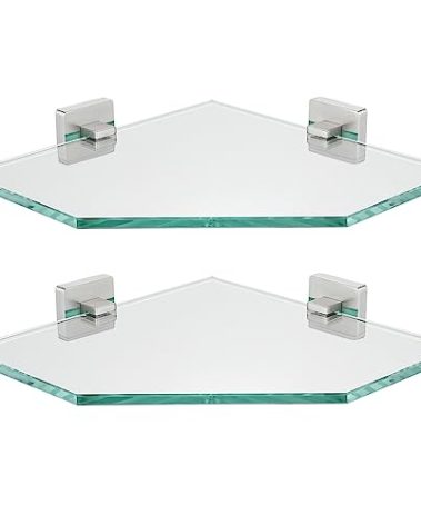 JQK Corner Glass Shelf, Brushed Steel Bathroom 304 Stainless Steel Shower Triangle Floating Wall Shelf, 10 x 10 Tempered Glass, 2 Pack, TGS290L10-BN-P2