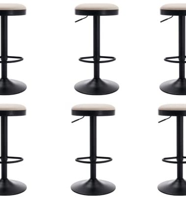 EALSON Modern Swivel Bar Stools Set of 6 Adjustable Counter Height Backless Barstools with Metal Base Leather Upholstered Round Bar Stool Chairs for Kitchen Island/Pub/Breakfast Bar, Beige