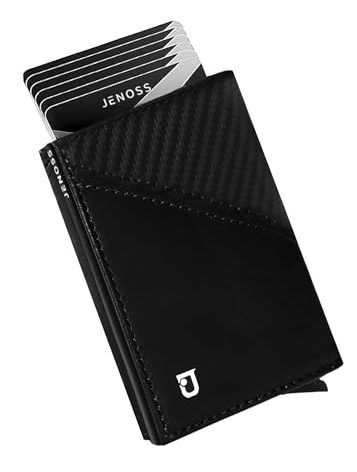 Jenoss Smart Wallet For Men: Full Grain Leather, Handcrafted, Slide Metal Pop Up Case, Slim RFID Blocking Credit Card Holder, Minimalist Compact 12 Cards Slot Organizers ID Money Clip (Black & Carbon)