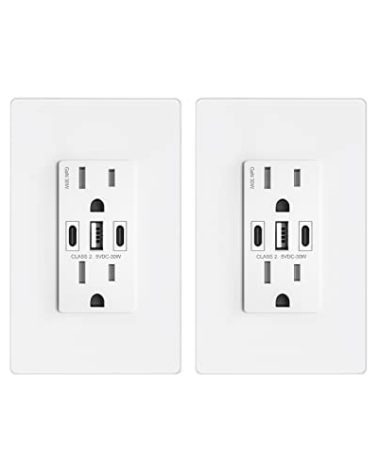 Amerisense GaN 30W 6Amp 3-Port USB Wall Outlet, 15 Amp Tamper-Resistant Receptacle with 2 USB Type C & 1 Type A Port, USB Charger for iPhone/iPad/Samsung/LG/HTC, UL Listed - 2 Pack