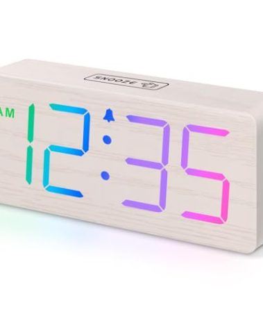 DreamSky Wooden Digital Clock for Bedroom Desk - RGB Loud Alarm Clock for Heavy Sleepers with Volume Control, Large Numbers with Dimmer for Living Room Office, Wood Decor (Plug in Clock)