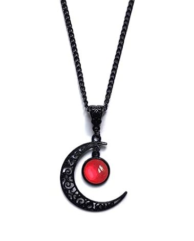 Rrdaily Gothic Moon Crystal Necklace Punk Style Moon Pendant Necklaces Vintage Black Crescent Necklace Dark Gothic Necklaces Halloween Costume Jewelry Chirstmas New Year Jewelry for Women (Red)
