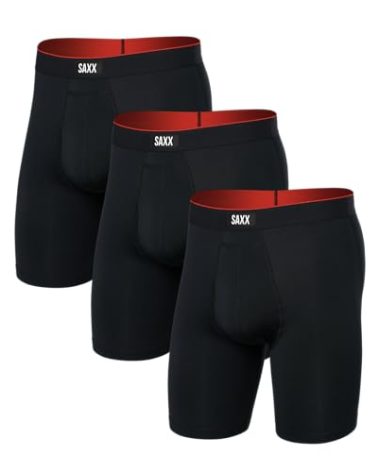 SAXX Underwear Co. Men's Underwear with Pouch Multi Sport Mesh Long Boxer Brief 3Pk, BLACK, X-Large