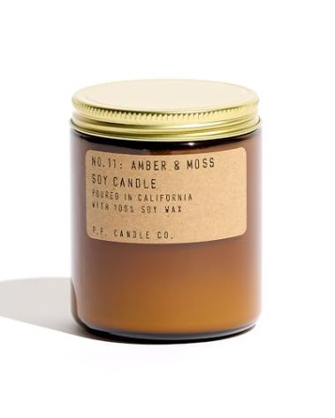 P.F. Candle Co. Amber & Moss Classic Standard Scented Soy Wax Candle (7.2 oz) 40-50 Hour Burn Time, Amber Glass Jar, Made in The U.S.A.
