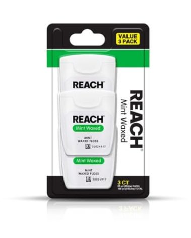 REACH Waxed Dental Floss, Mint, Plaque Remover for Teeth, Shred Resistant, Floss Slides Smoothly, Easy to Use, Waxed, Deep Cleaning Teeth, Oral Care, PFAS Free, for Adults & Kids, 3 Pack, 55 yd