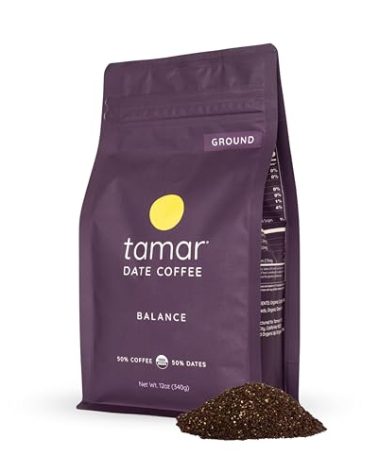Balance by Tamar Date Coffee | Organic Ground Blend of Coffee & Whole Dates | Low Acid | Less Caffeine | Healthy Sweetness | Boost of Energy | Medium Roast | 12oz bag
