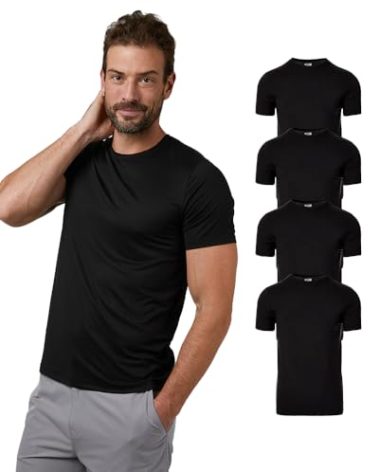 32 Degrees Mens 4 Pack Cool Quick Dry Active Basic Crew T-Shirt, Black, Large
