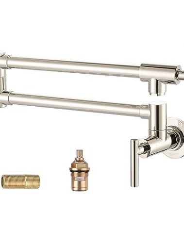 WOWOW Pot Filler Faucet Polished Nickel, Solid Brass Pot Filler Wall Mount Kitchen Stove Faucet with Double Joint Swing Arms