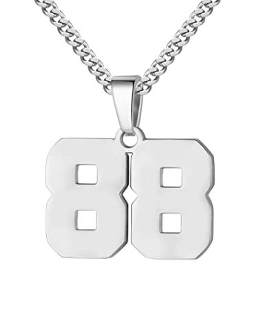Number Necklace for Men 0-99 Athletes Jersey Number Necklace Stainless Steel Chain 22+2 inch Personalized Number Charm Pendant Inspirational Jewelry Basketball Baseball Football Gift for Men(Silver88)
