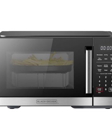 BLACK+DECKER 5-in-1 Microwave Oven with Air Fry, Combi, Bake, Roast, and Convection Cooking, 0.9 cu. ft. Countertop Microwave, Stainless Steel, 900 Watts, Child-Lock, ES9P032NA