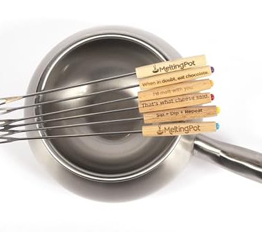 The Official Melting Pot 8-piece Fondue Set -2 Qt. Stainless Steel Pot with liner and 6 Fondue Forks for Cheese, Chocolate & Broth.