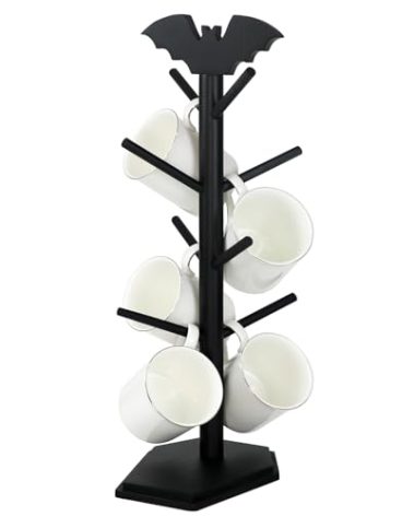 RSSCIIIUL Bat Mug Holder Tree - 8 Hooks Rack for Gothic Home Decor - Wood Mug Tree for Countertop - Cup Holder for Halloween Kitchen Organizer & Coffee Bar Accessories