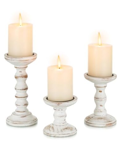 Candeldo Wood Candle Holders for Pillar: Rustic Candles Holder Set of 3 Tall Table Centerpiece Decor Wooden White Farmhouse Decorations for Fireplace Mantle